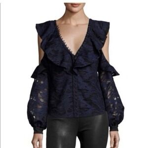 Self Portrait Guipure Lace Cold Shoulder Ruffle Blouse Women 10 Navy Top